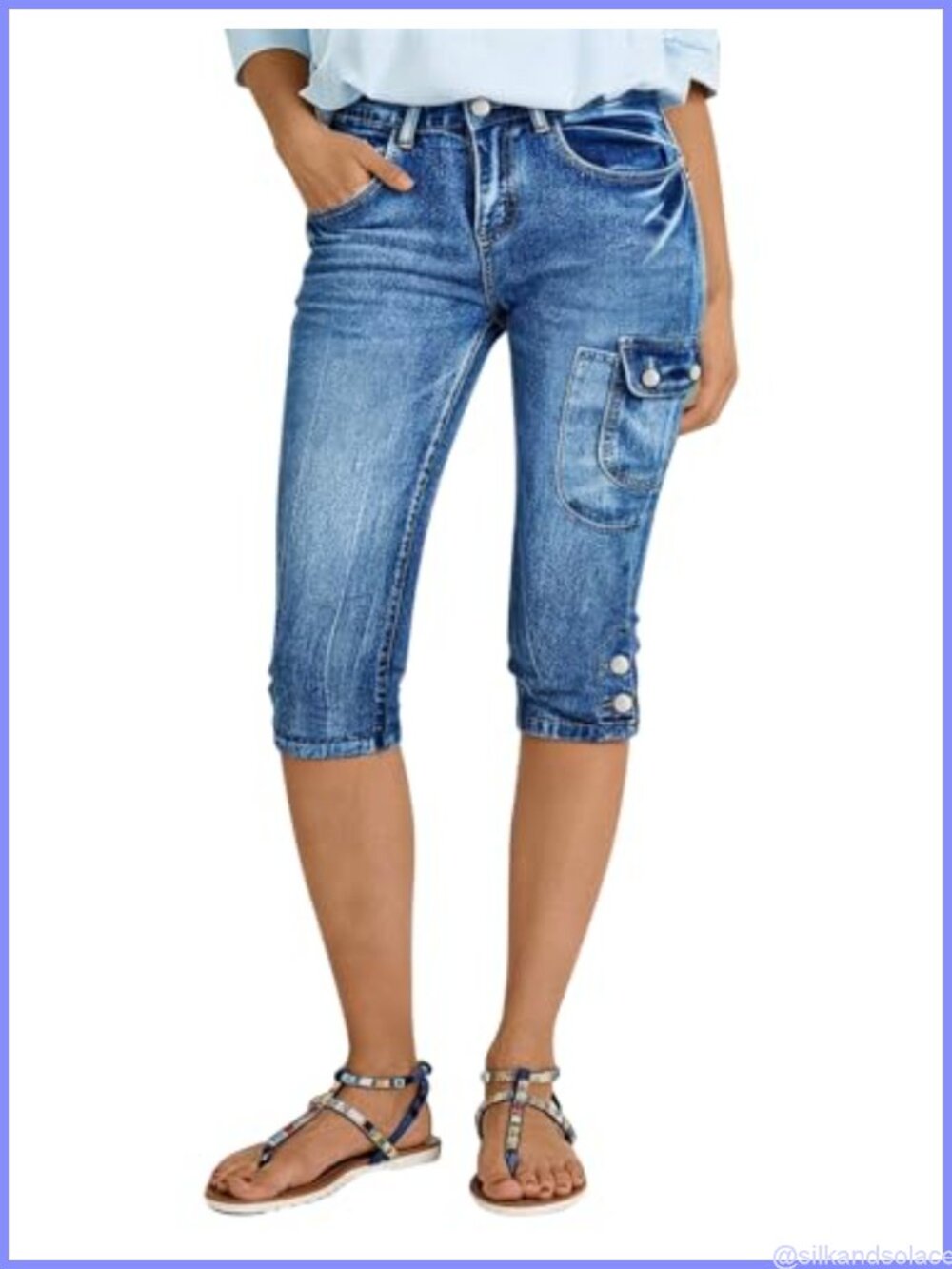 High Rise Stretchy Skinny Capri Jeans Button Hem Flap Pockets